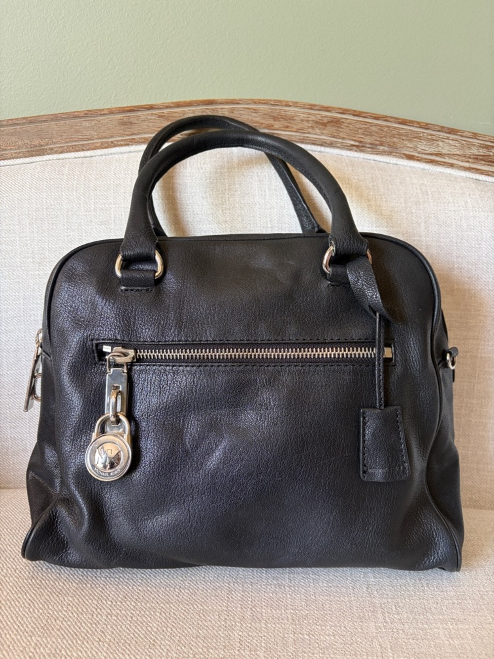 Michael Kors Black Leather Satchel Bag with Silver Hardware
